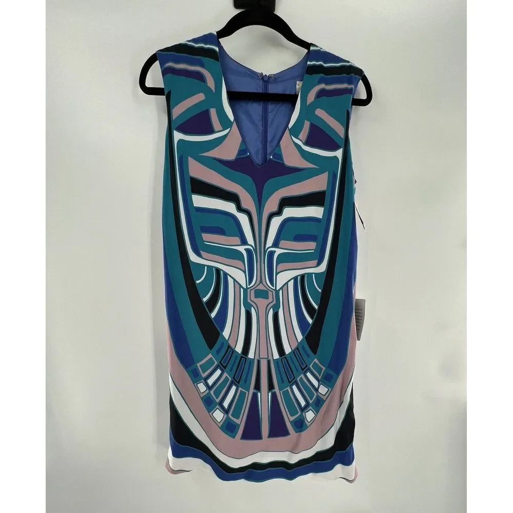 P Nicole Miller Artelier Blue Tribal Geometric Print Mini Sheath Dress Sz Petite - Picture 15 of 16
